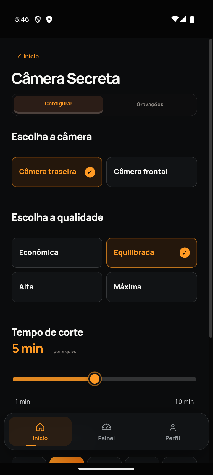 Tela real da Câmera Secreta com opções de câmera, qualidade e duração da gravação